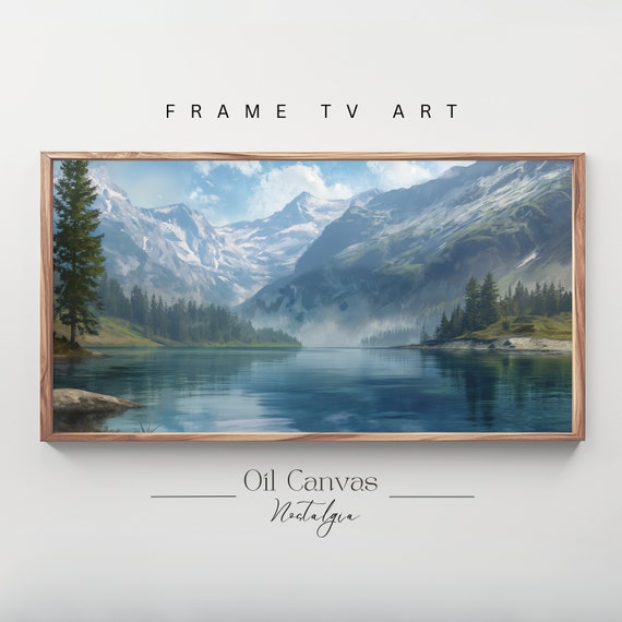 Mountain Landscape Frame Tv Art Vintage Rustic Scenery Oil Painting Farmhouse Decor Nature Wall Art Instant