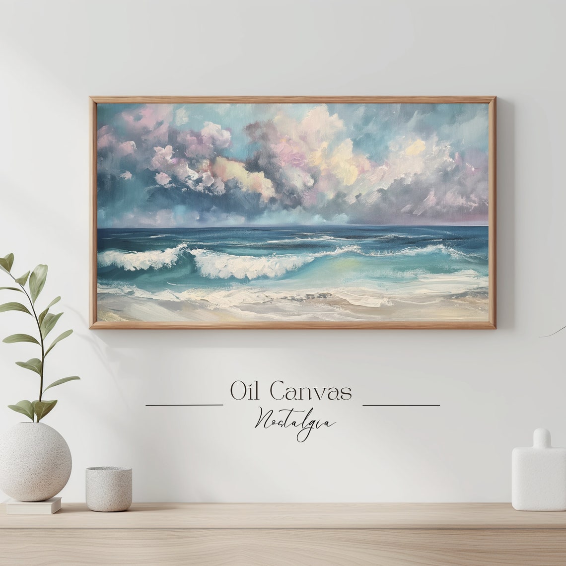 Turquoise Ocean Waves Pastel Sunset Clouds Vintage Seascape Poster - Image 3