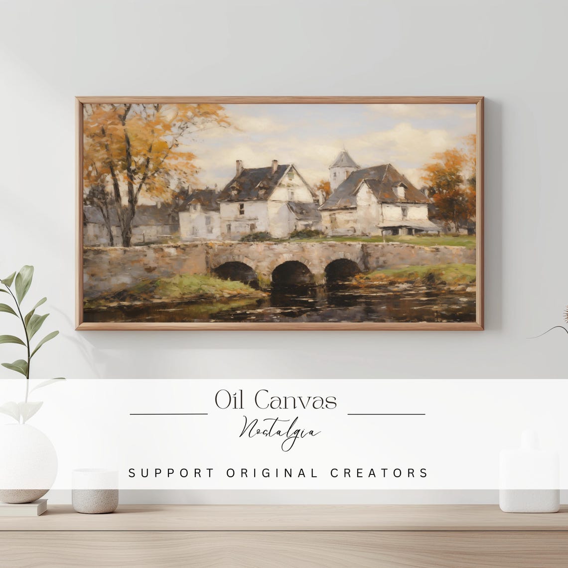 European Village Stone Bridge River Old Cottages Fall Landscape Poster - Image 2