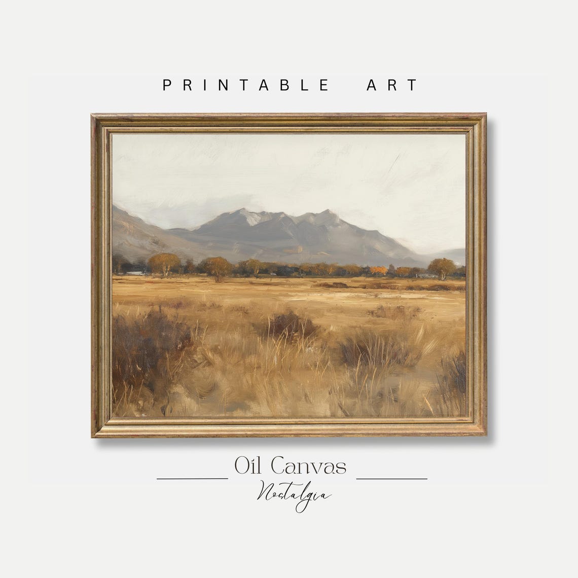 Mountain Landscape Wall Art Moody Oil Painting Neutral Colours Rustic Scenery Farmhouse Decor