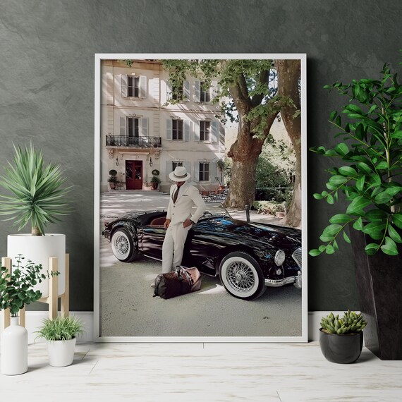 Old Money Style Man White Suit Classic Black Convertible Vintage Car Poster
