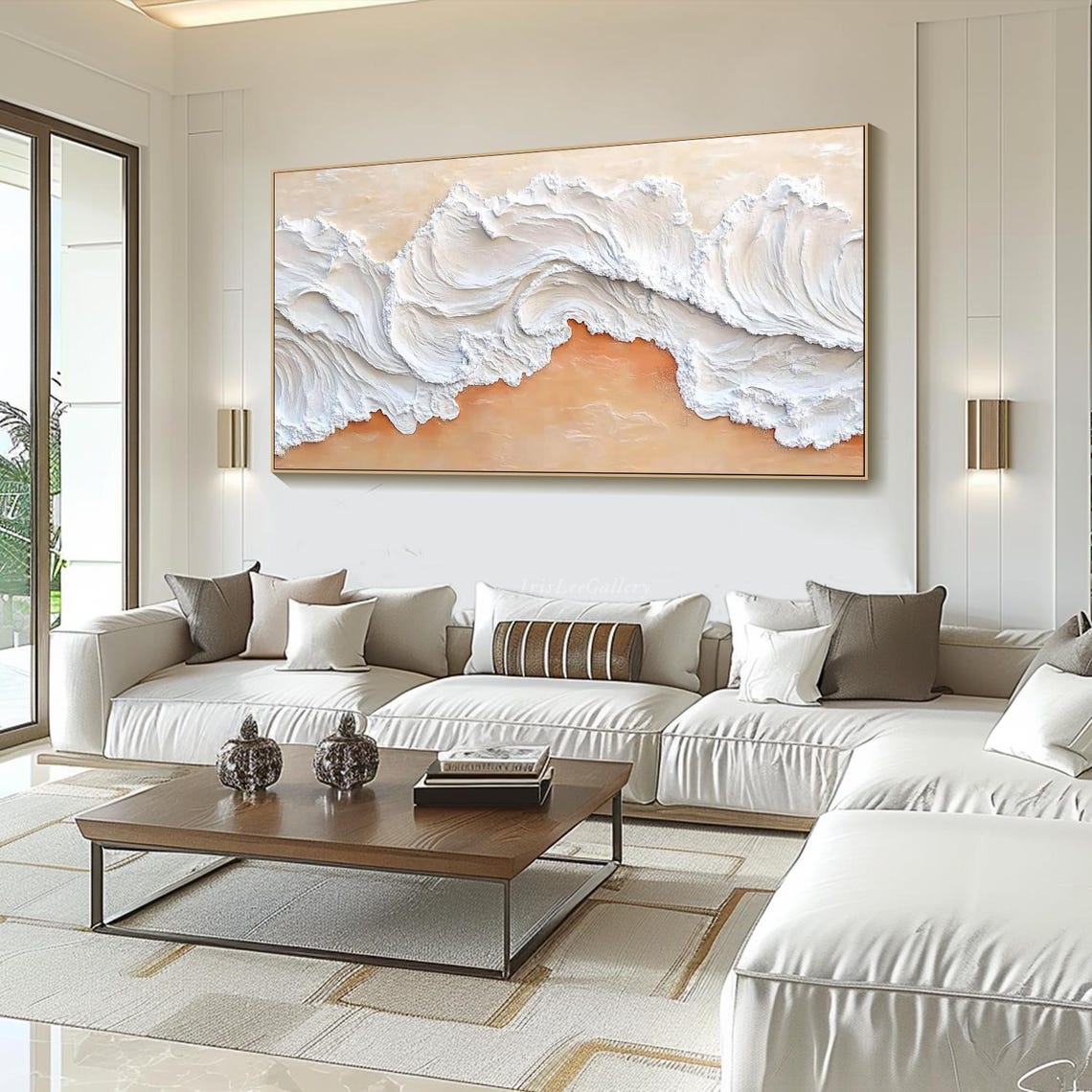 White Plaster Waves Over Peach Beach 3D Neutral Coastal Art Poster - Image 3