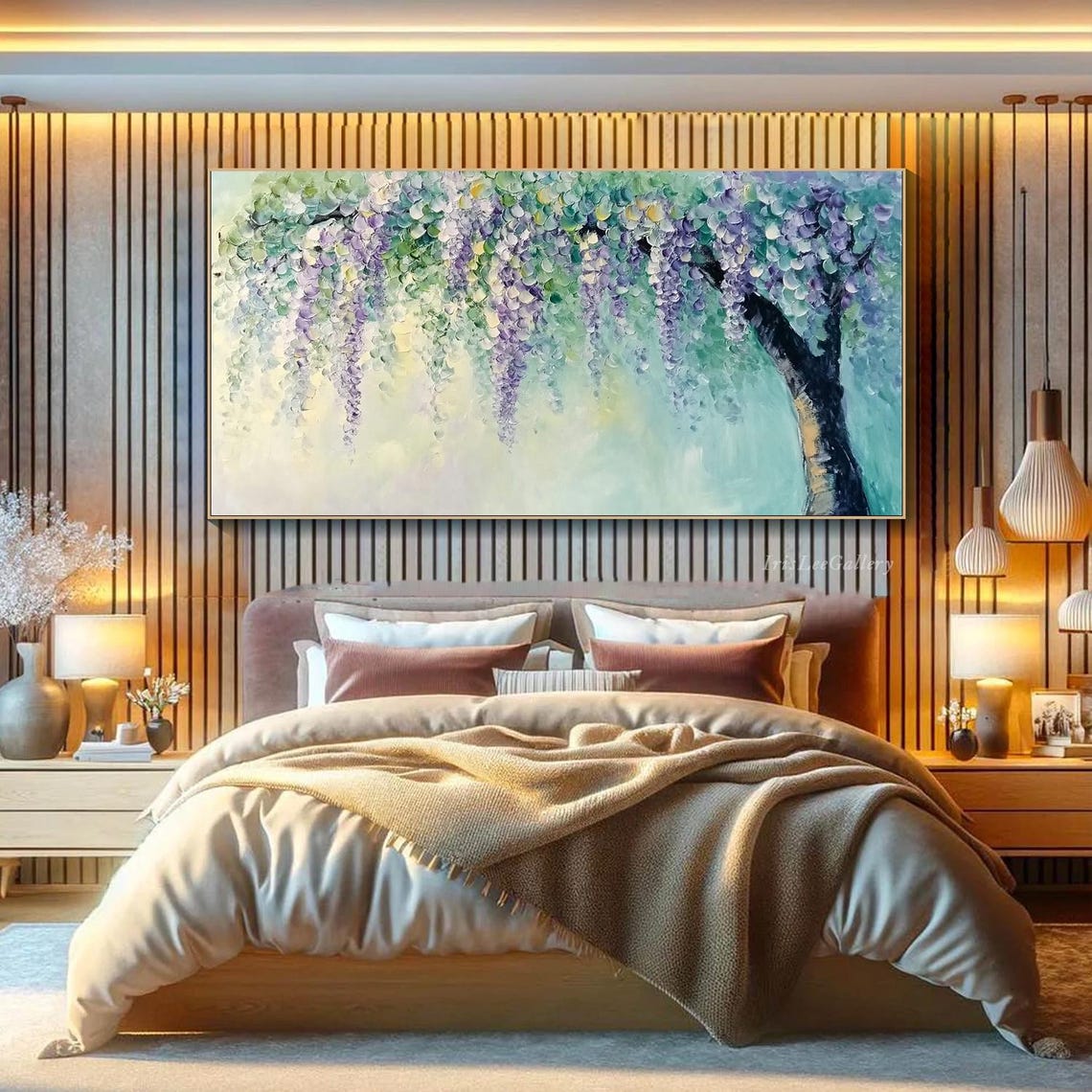 Purple Wisteria Cascade Blossom Tree Floral Painting Wall Art - Image 3