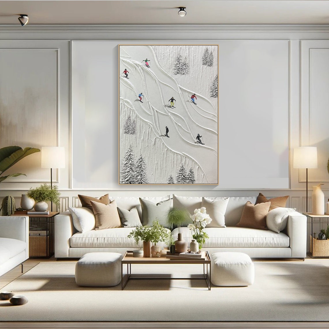 Minimalist White Plaster Skiers Descending Snow Slope Wall Art - Image 2