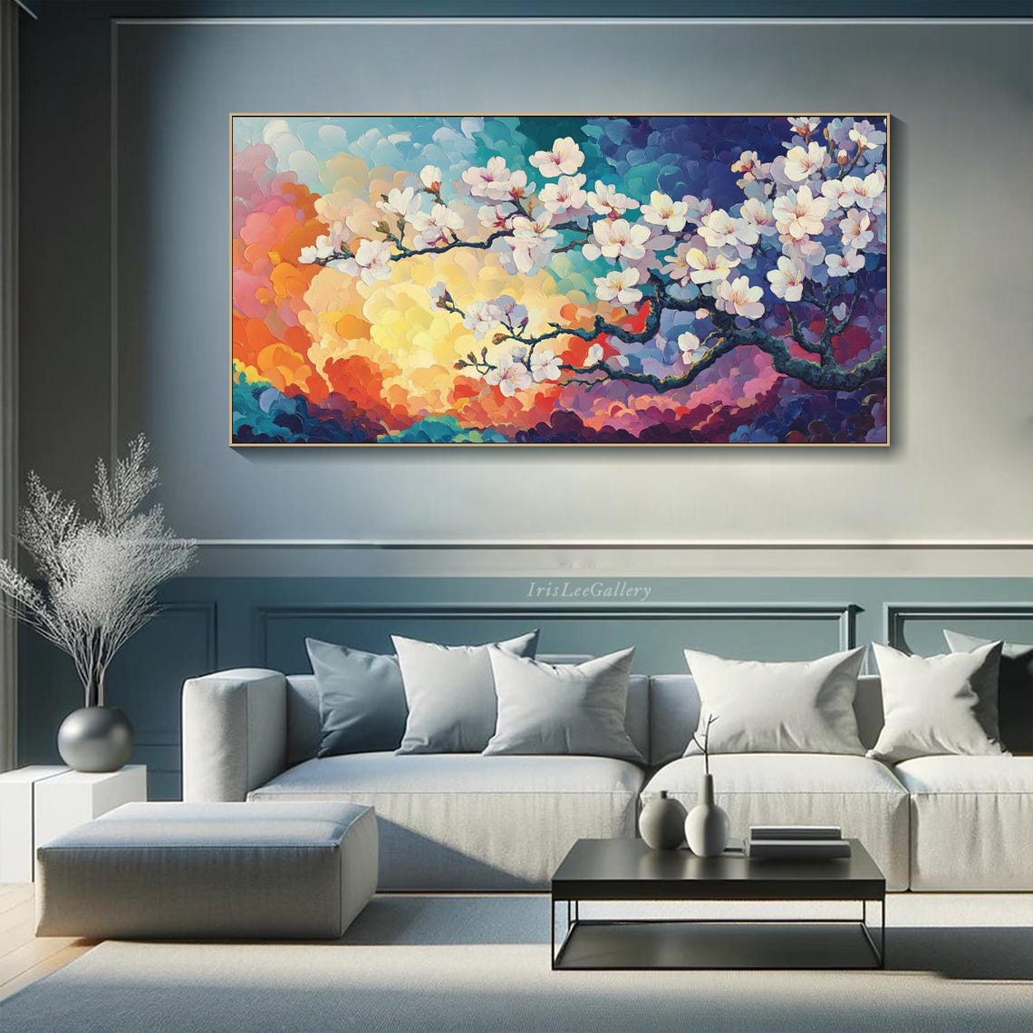 Cherry Blossom Branch Rainbow Sky Vibrant Floral Painting Wall Art - Image 2