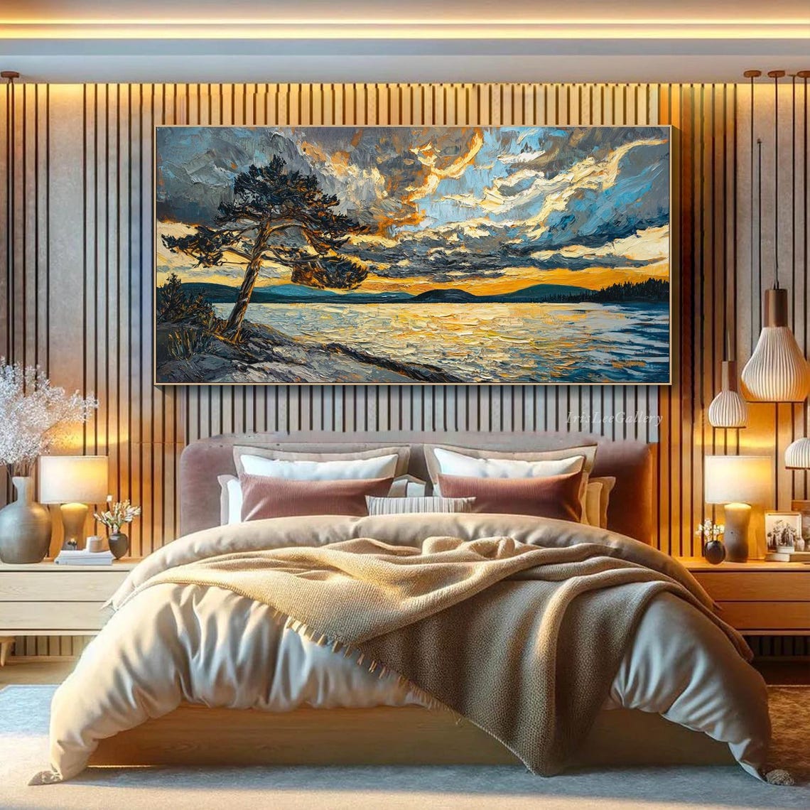 Golden Sunset Lake Leaning Pine Tree Dramatic Sky Painting Wall Art - Image 2