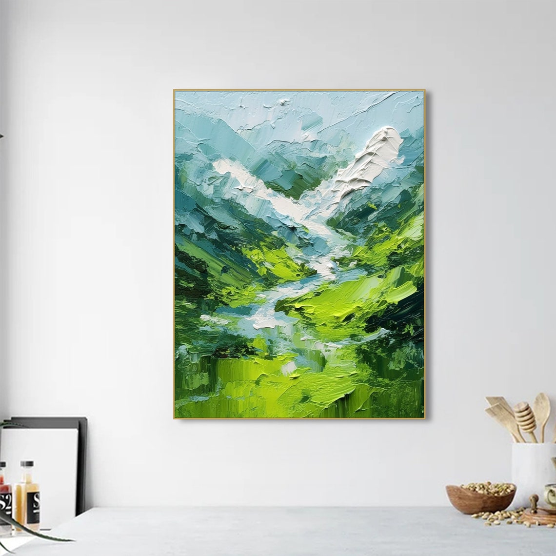 Original 3d Green Mountain River Painting On Textured Wall Art Custom Art Green River Painting Spring Living Room Wall Art - Image 3