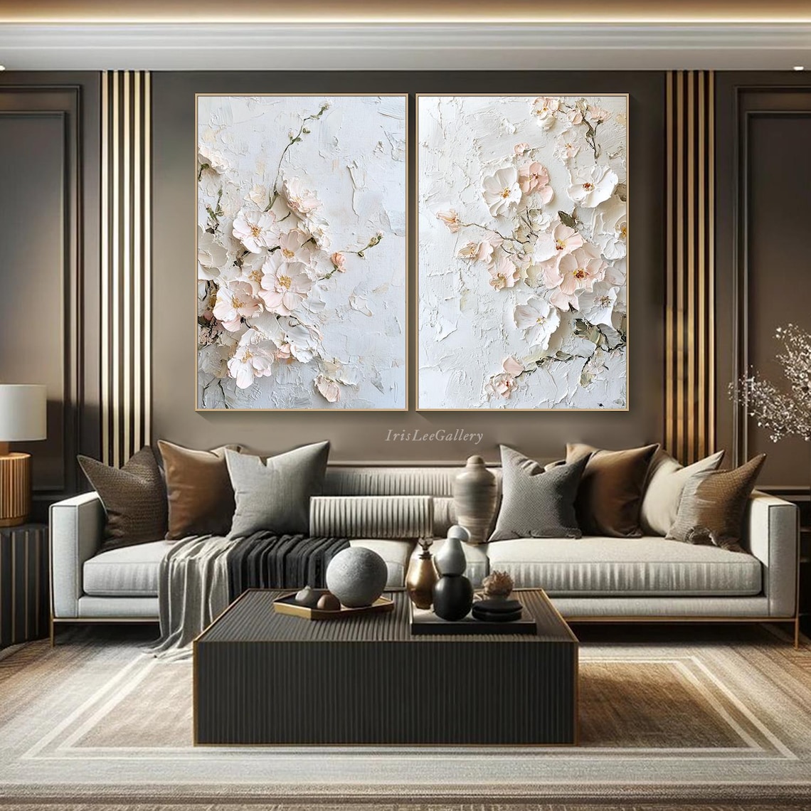 3D Textured Floral Diptych Wall Art Print, Neutral Tone - Image 2