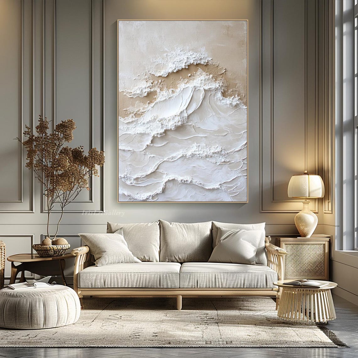 Minimalist White Textured Ocean Wave Abstract Impasto Wall Art - Image 4
