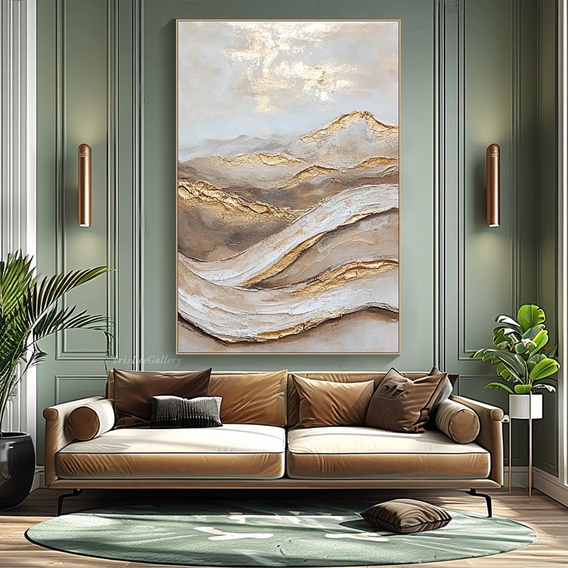 Gold Beige Flowing Ridge Abstract Neutral Landscape Painting Wall Art - Image 3