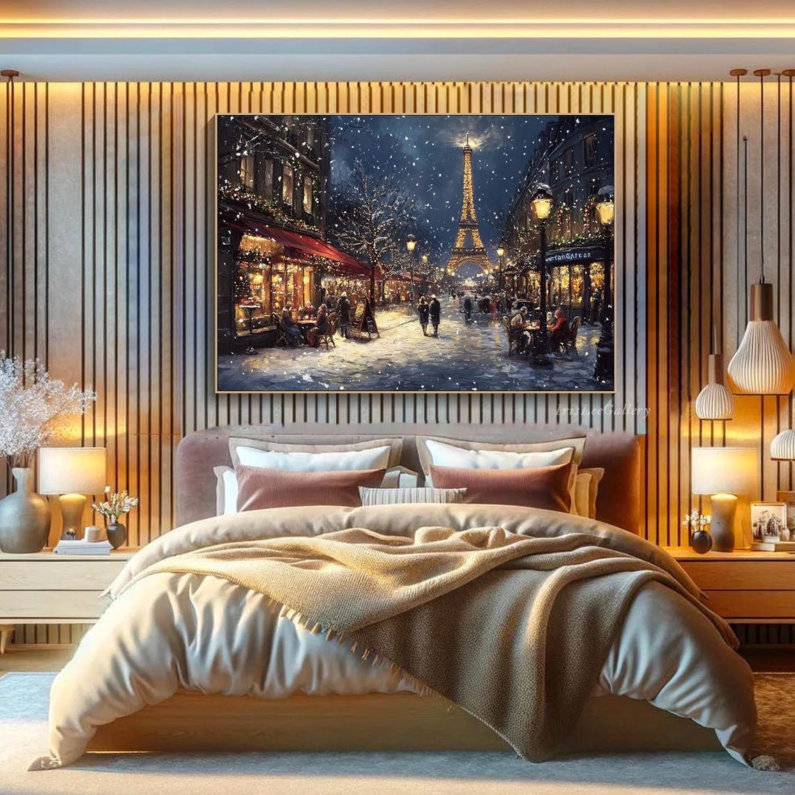 Paris Eiffel Tower Winter Night Snowy Street Cafe Scene Art Poster - Image 2
