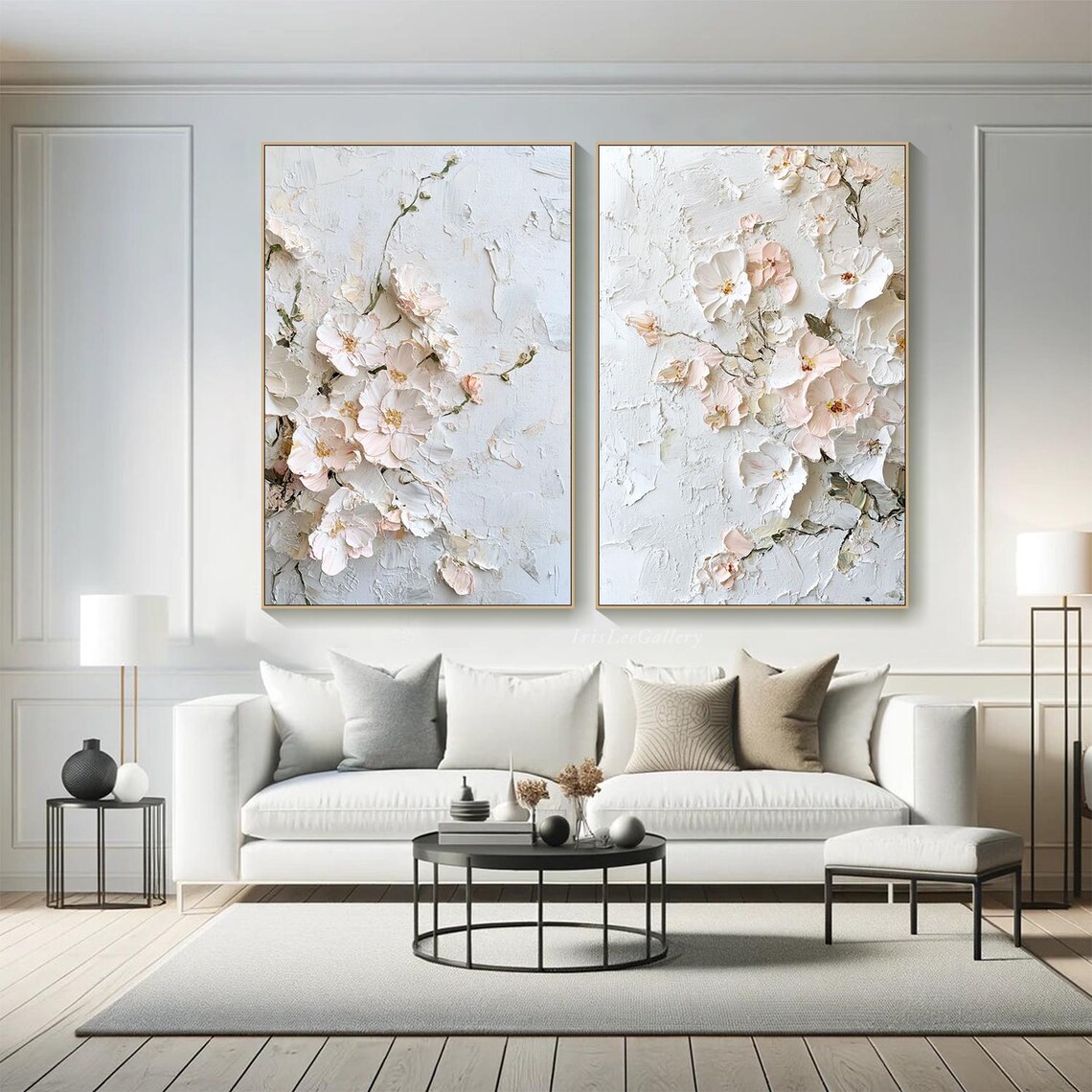 3D Textured Floral Diptych Wall Art Print, Neutral Tone - Image 3