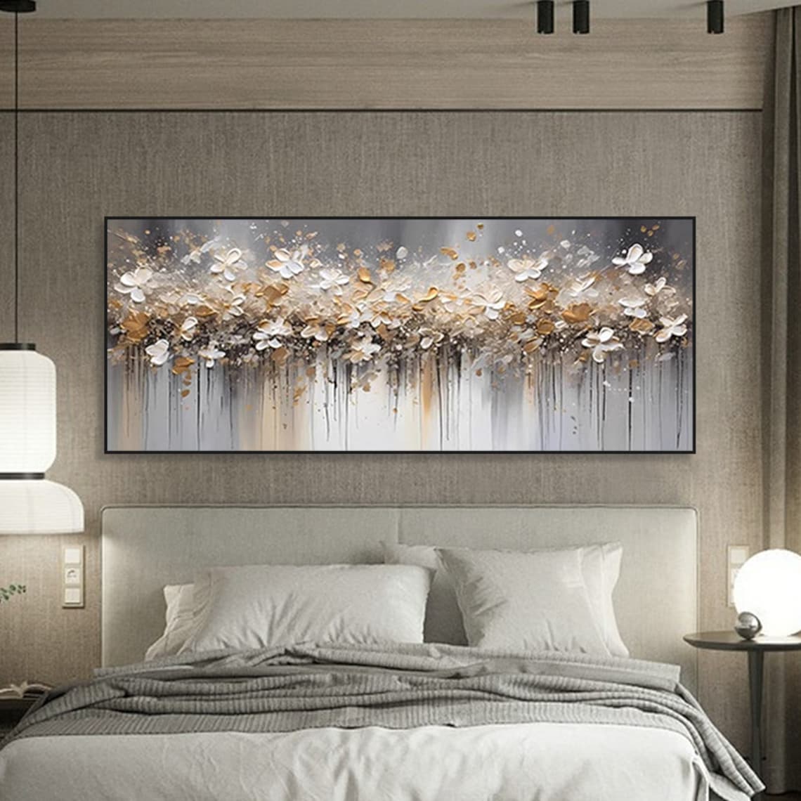 Gold Beige Flower Painting, Boho Floral Art Print - Image 2