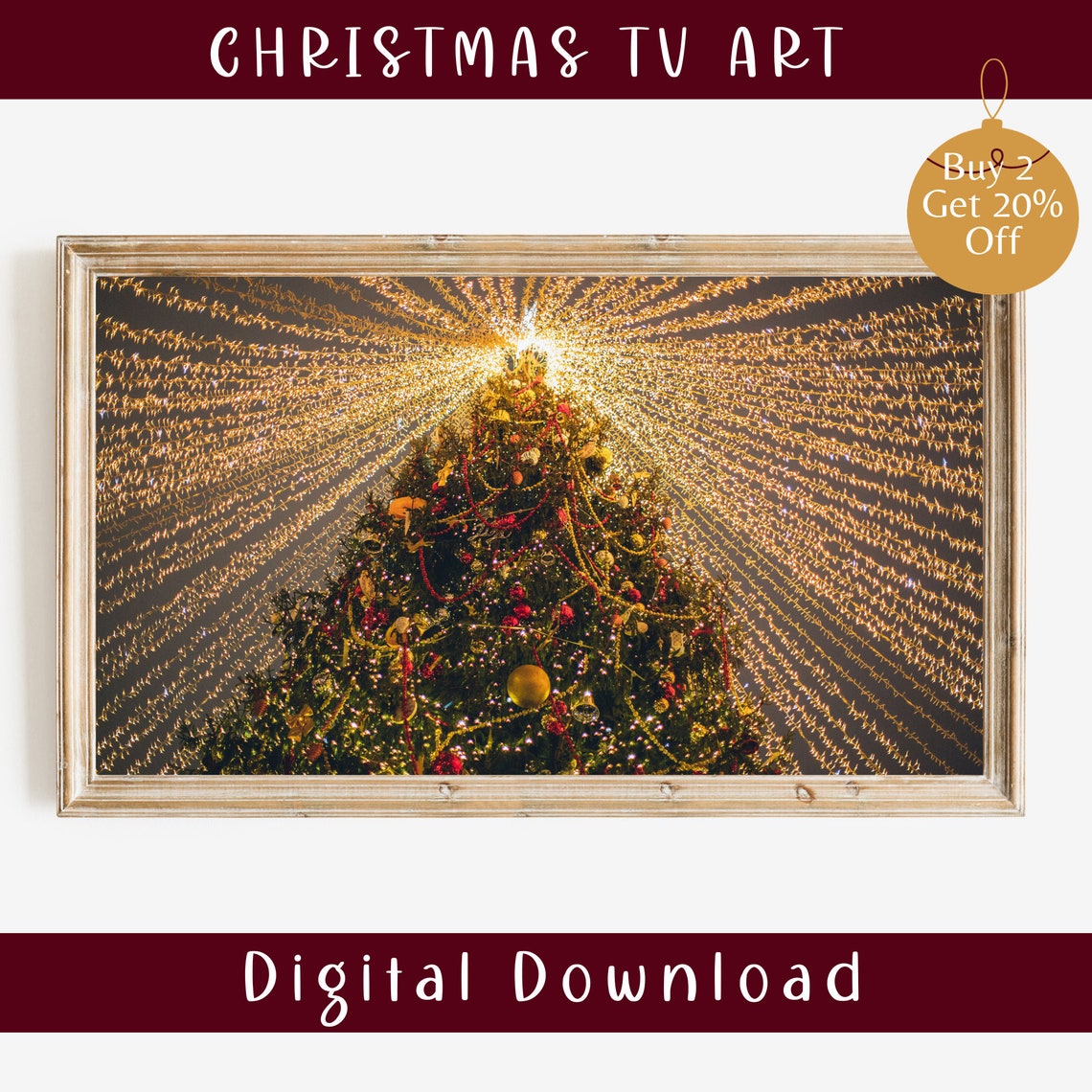 Giant Decorated Christmas Tree String Lights Night Frame TV Art Print - Image 2