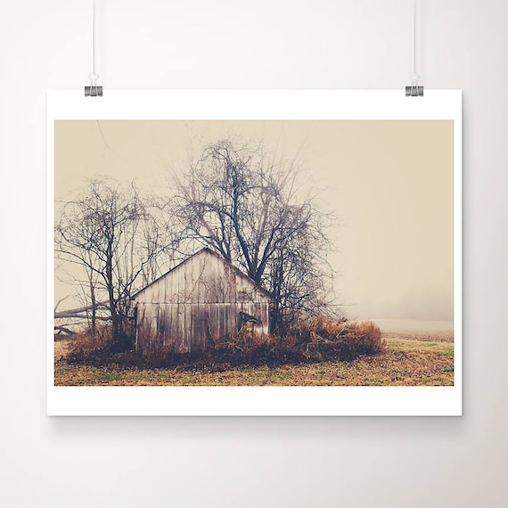 Weathered Abandoned Barn in Foggy Field Rural Photography Poster