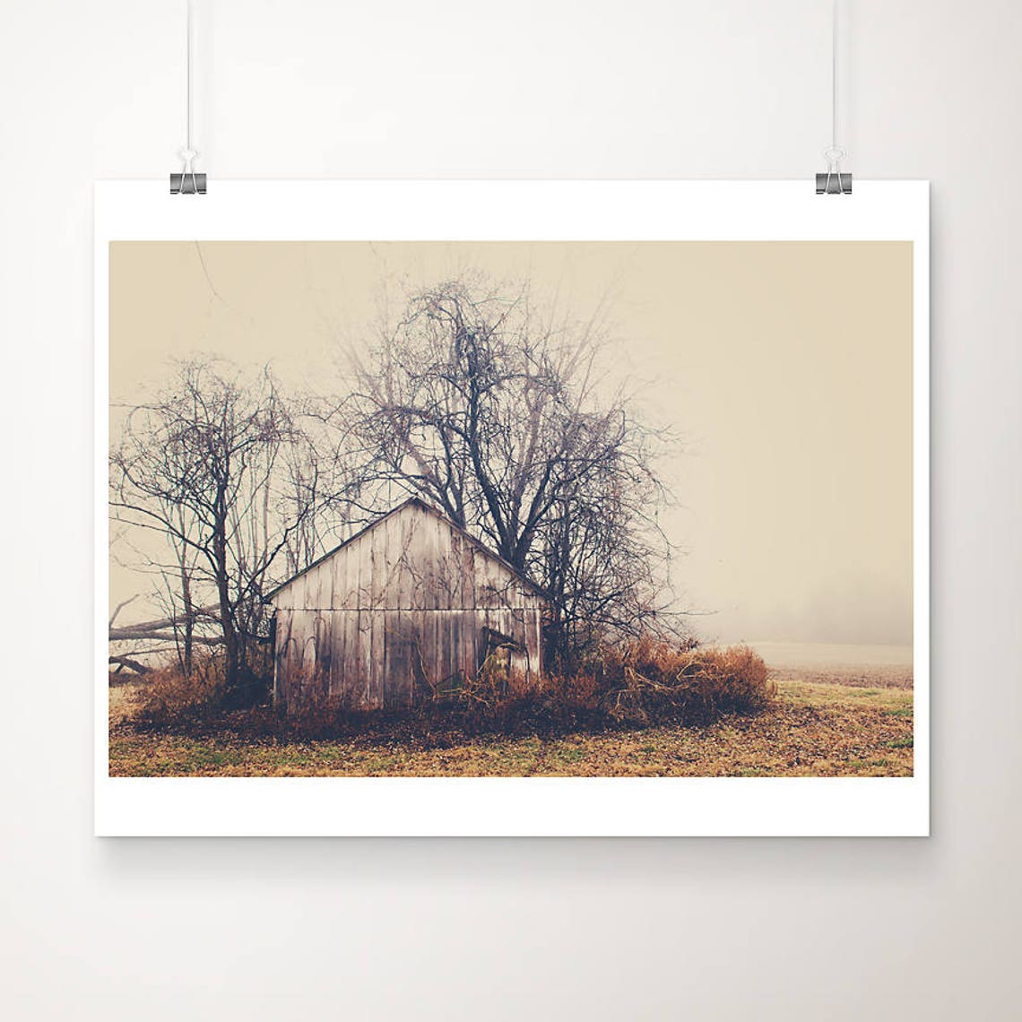 Weathered Abandoned Barn in Foggy Field Rural Photography Poster