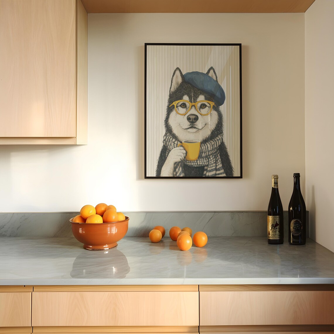 Husky in Blue Beret Glasses and Knit Scarf Sipping Coffee Poster - Image 2