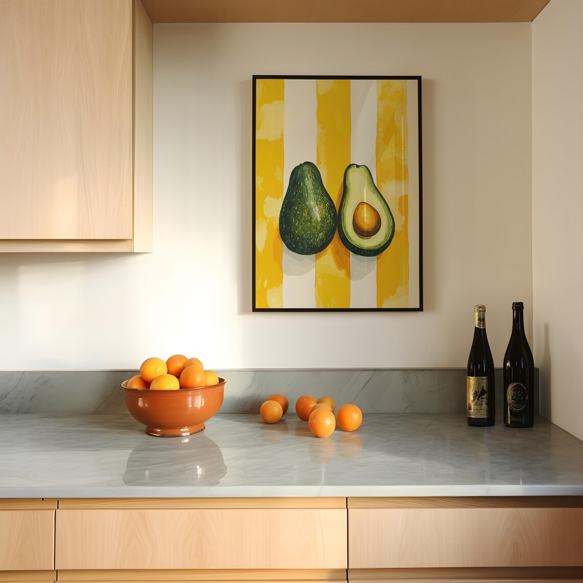 Avocado Pair Whole and Half Yellow Striped Modern Kitchen Art Poster - Image 3