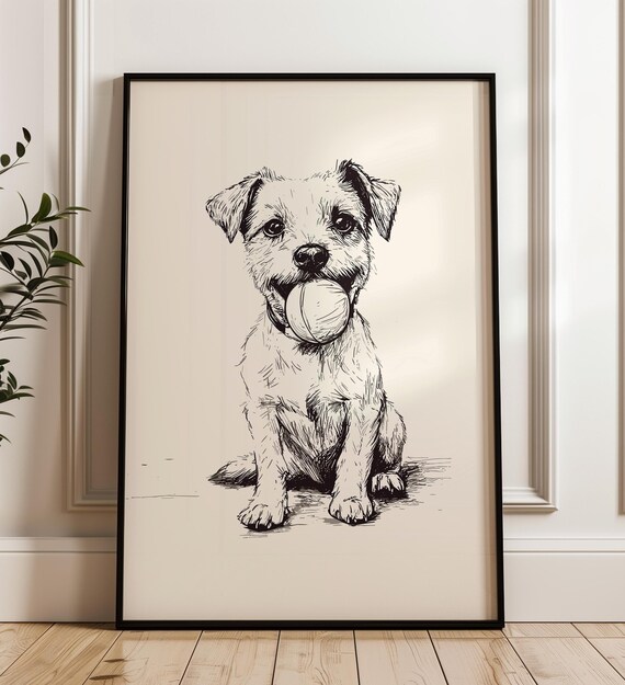 Jack Russell Terrier With Ball Vertical Ink Sketch Nursery Poster