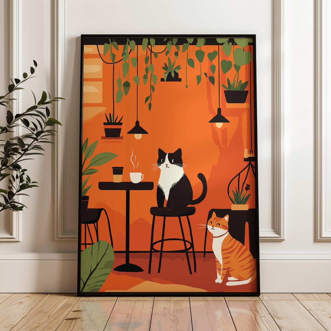 Two Cats in a Cozy Coffee House Midcentury Retro Illustration Poster - Image 3
