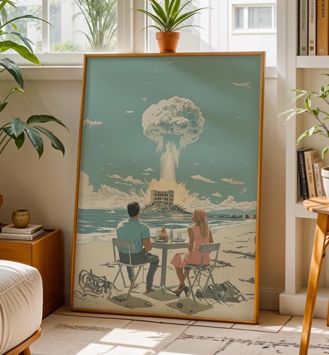 Retro Beach Dinner Under a Mushroom Cloud Surreal Art Poster - Image 2