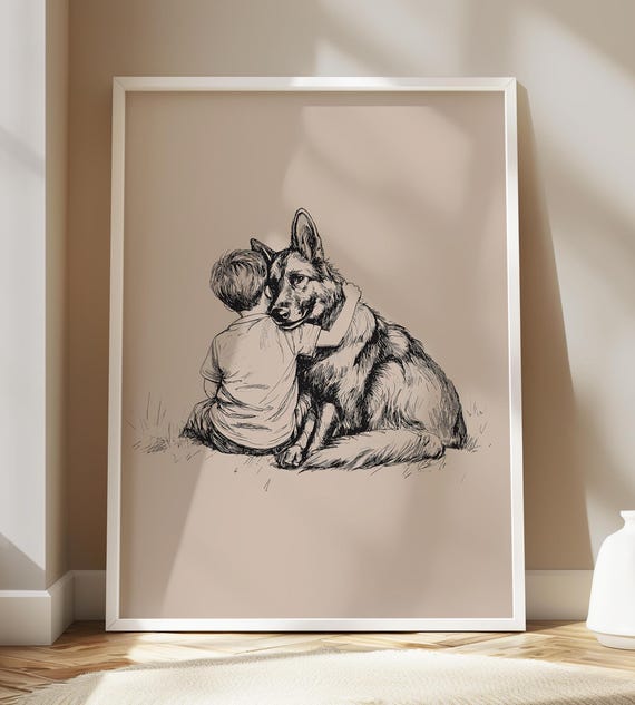 German Shepherd And Boy Nursery Poster Puppy Art Dog Sketch Wall Decor Retro Print Neutral Drawing