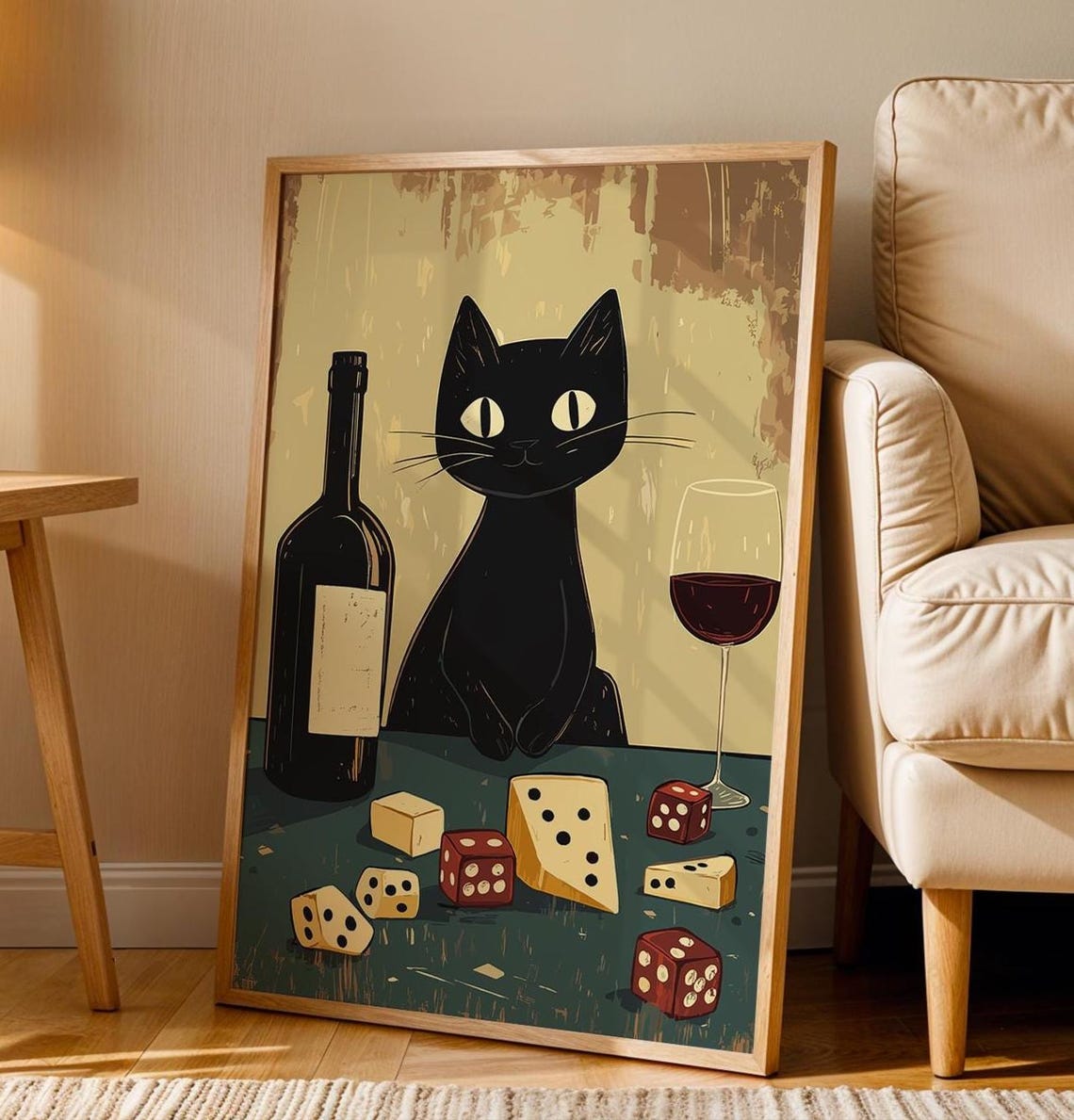 Black Cat With Wine Cheese and Dice Retro Game Night Art Poster