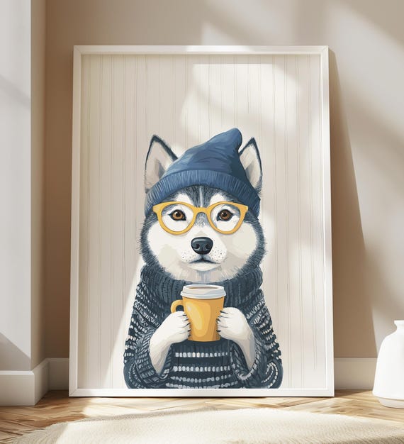 Funny Husky Sipping Coffee Dog Pet Art Wall Decor Portrait Painting Kitchen Poster Print Illustration Retro Drawing Puppy