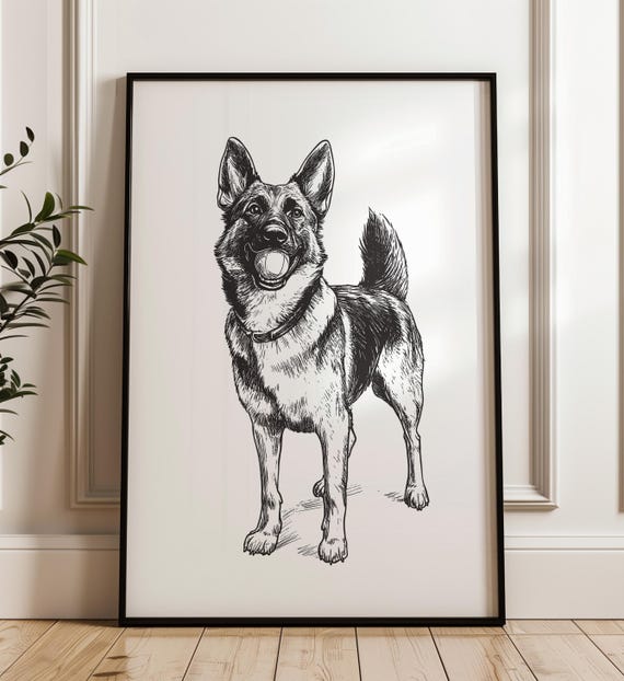 Cute German Shepherd Dog With Ball Print Vintage Antique Painting Country Wall Art Drawing Farmhouse