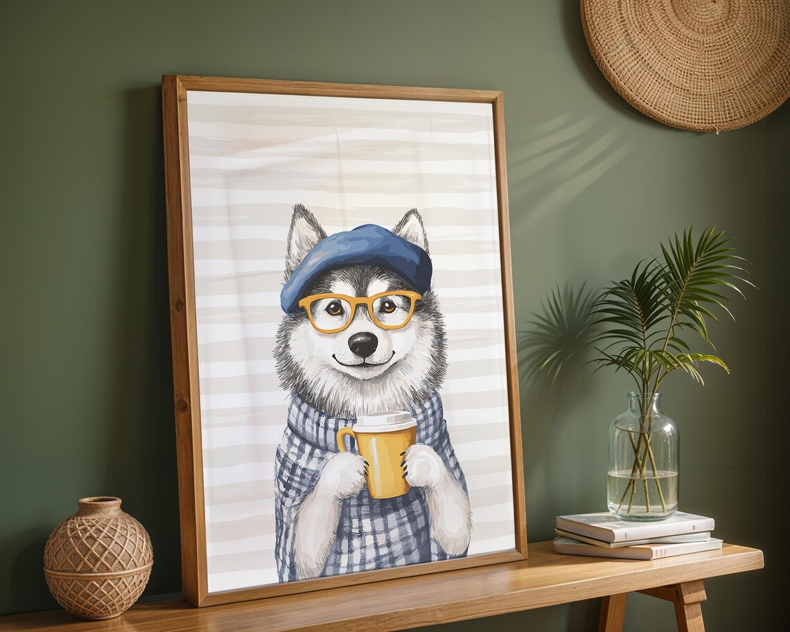 Husky in Beret and Glasses With Plaid Scarf Coffee Mug Poster - Image 3