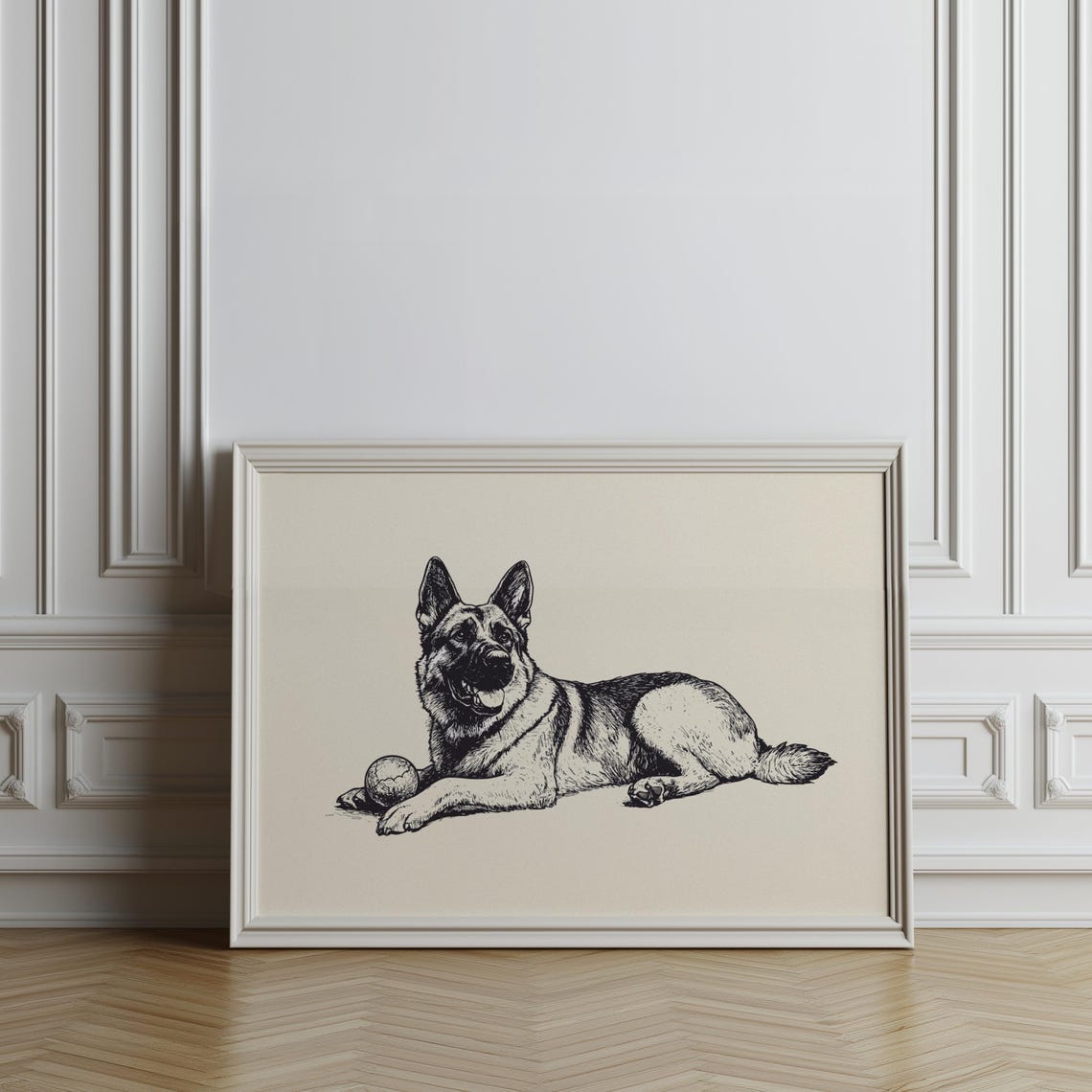 German Shepherd Resting With Ball Vintage Style Ink Sketch Poster - Image 3