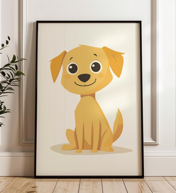 Adorable Golden Puppy With Big Eyes Nursery Cartoon Wall Art