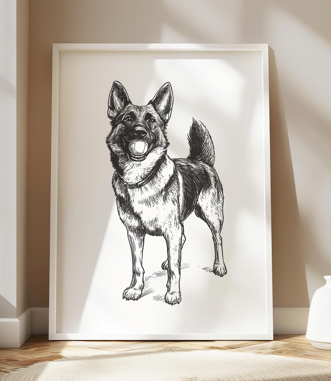German Shepherd Holding a Ball Minimalist Ink Sketch Dog Poster - Image 3