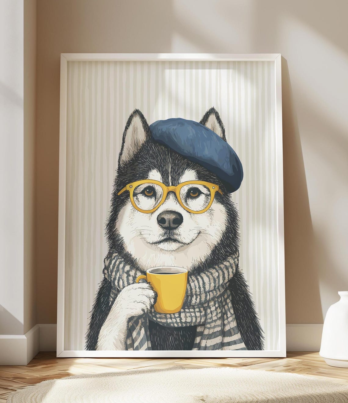 Husky in Blue Beret Glasses and Knit Scarf Sipping Coffee Poster
