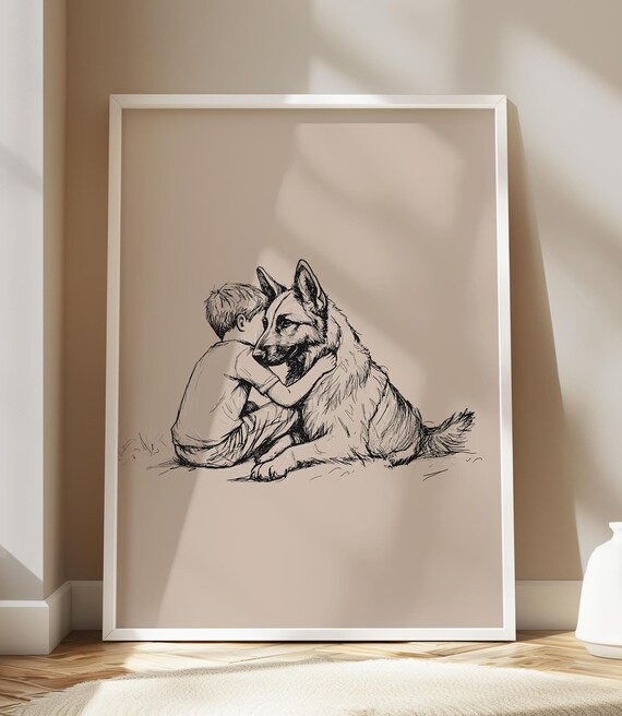 Boy Hugging German Shepherd Dog Loyal Friend Ink Sketch Poster