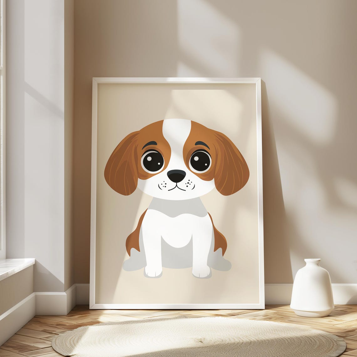 Sweet Cute White and Tan Puppy With Big Eyes Nursery Wall Art - Image 2