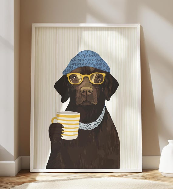 Funny Brown Labrador Sipping Coffee Dog Pet Art Wall Decor Portrait Painting Kitchen Poster Print Illustration Retro Drawing