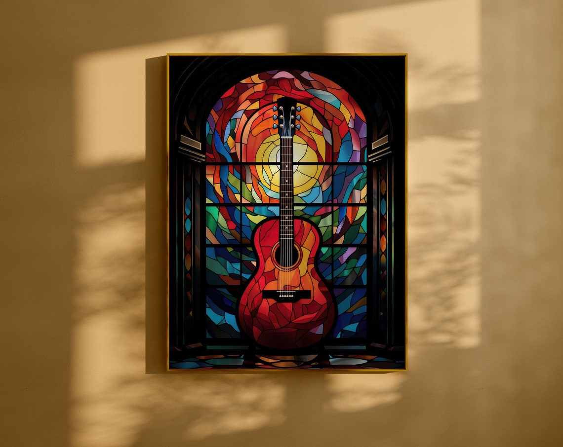 Stained Glass Acoustic Guitar Before Cathedral Window Art Poster