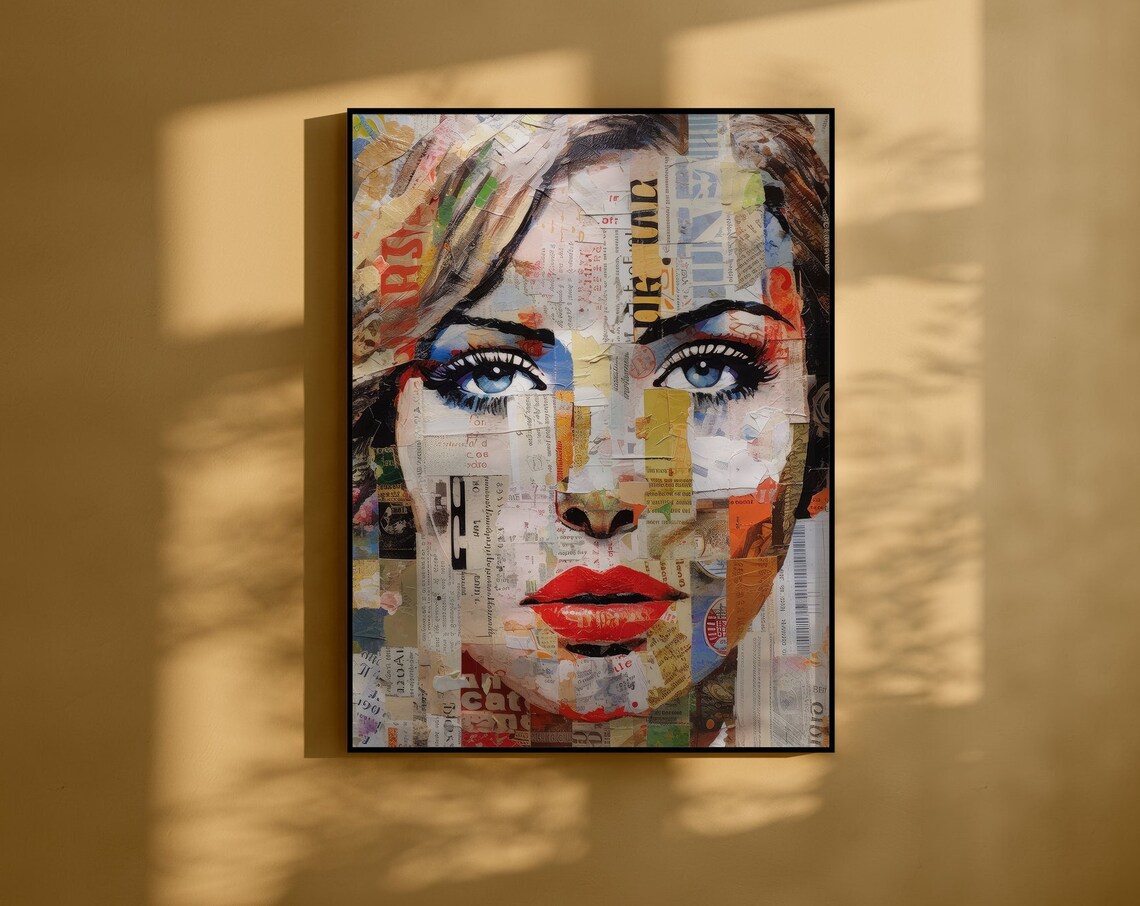 Newspaper Collage Woman Face with Blue Eyes and Red Lips Poster