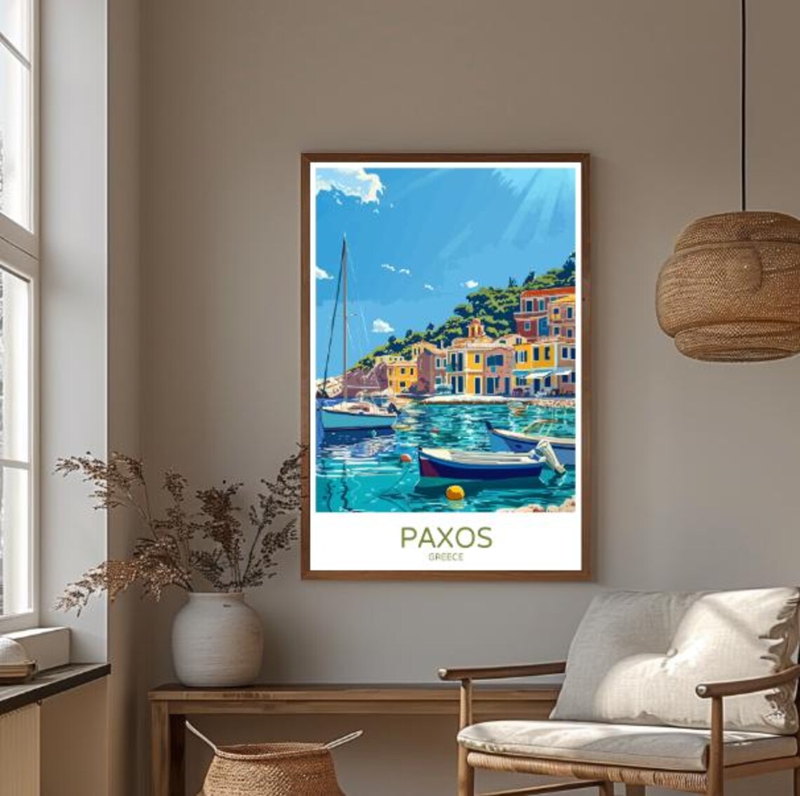 Paxos Greece Travel Poster Harbor Sailboats Turquoise Water Vintage Decor - Image 3