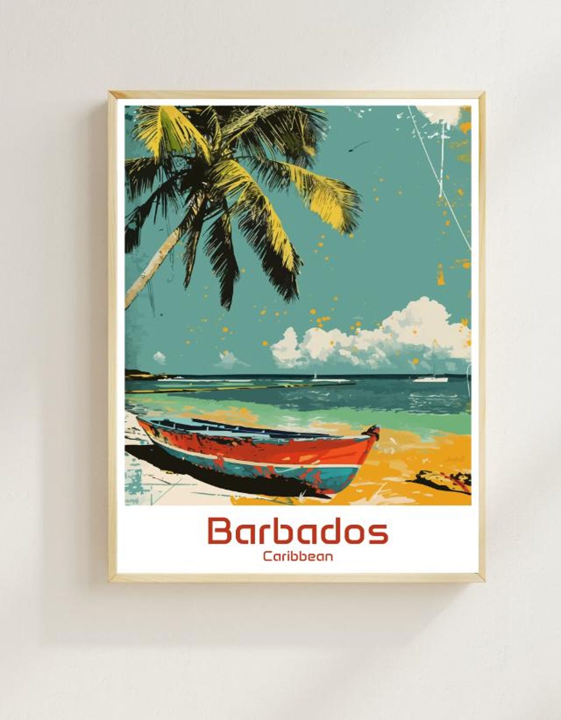 Barbados Caribbean Beach Boat Palm Tree Vintage Travel Poster