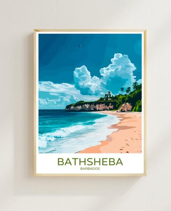Bathsheba Barbados Tropical Beach Cliffs Vintage Travel Poster