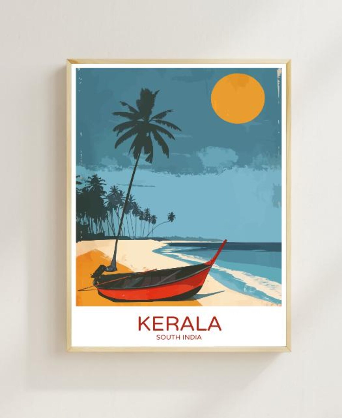 Kerala South India Palm Beach Boat Tropical Sunset Travel Poster