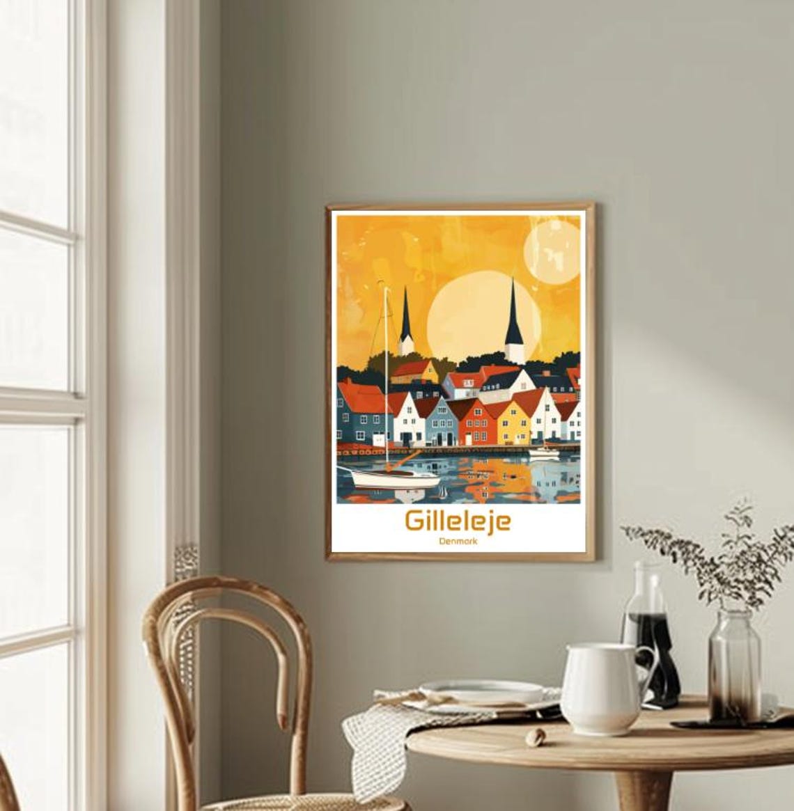 Gilleleje Denmark Harbor Twin Spires Sunset Illustration Poster - Image 2