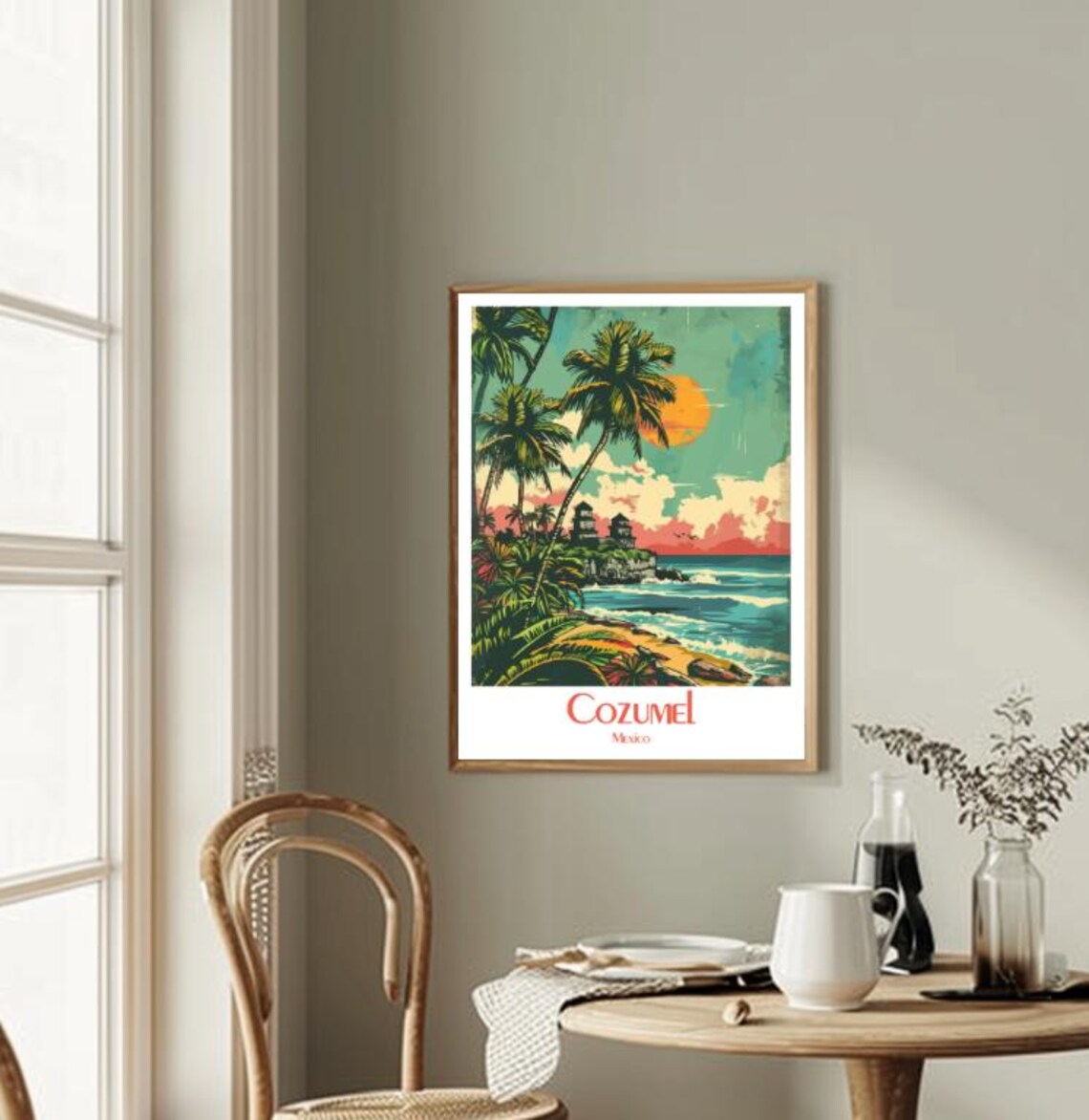 Cozumel Golden Sunset Palms and Mayan Ruins Mexico Travel Poster - Image 2