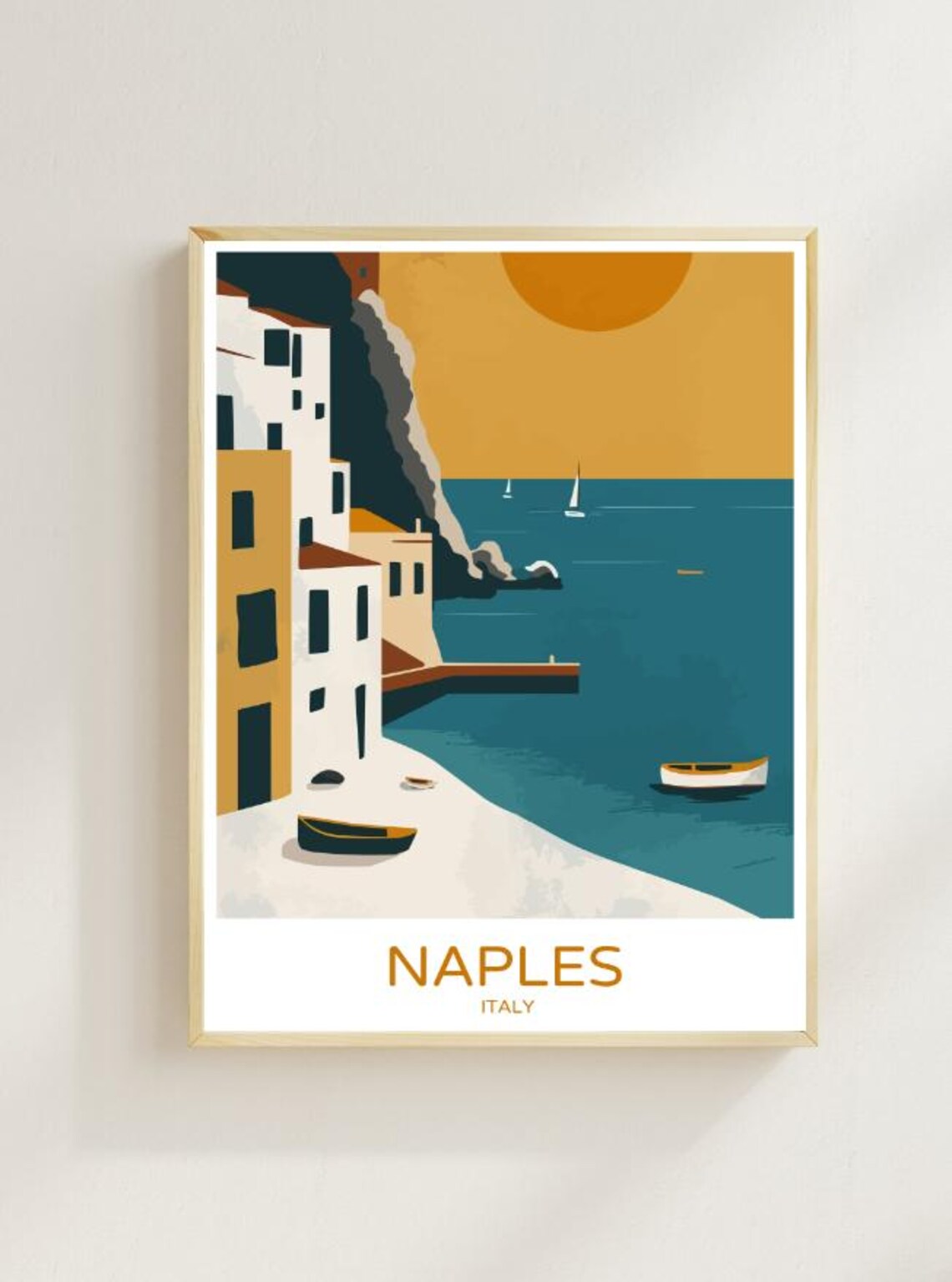 Naples Italy Sunset Seaside Travel Poster Coastal Cityscape Style Decor