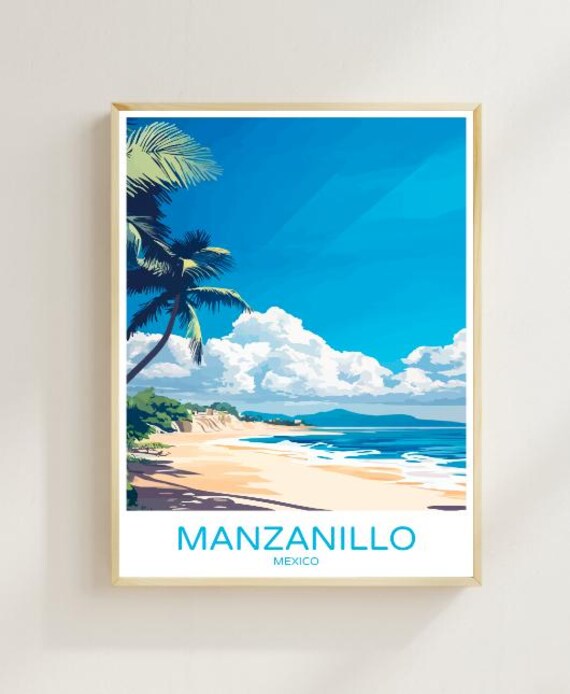 Manzanillo Mexico Tropical Palm Beach Seascape Travel Poster