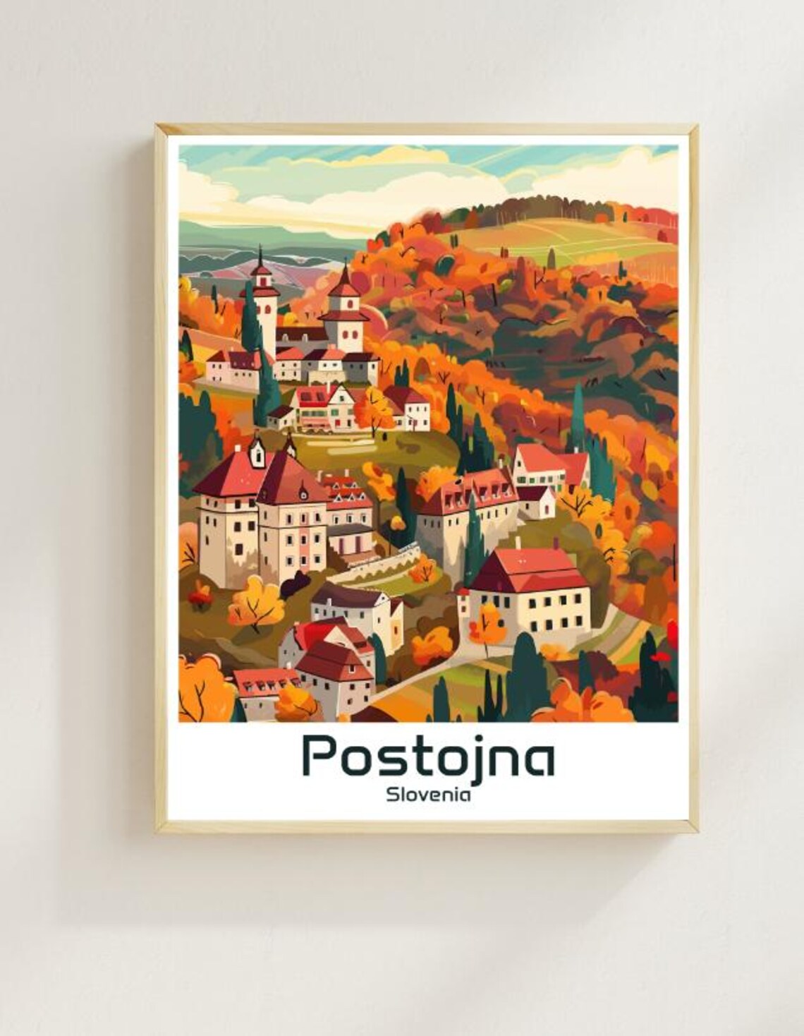 Postojna Slovenia Autumn Hillside Old Town Illustrated Poster