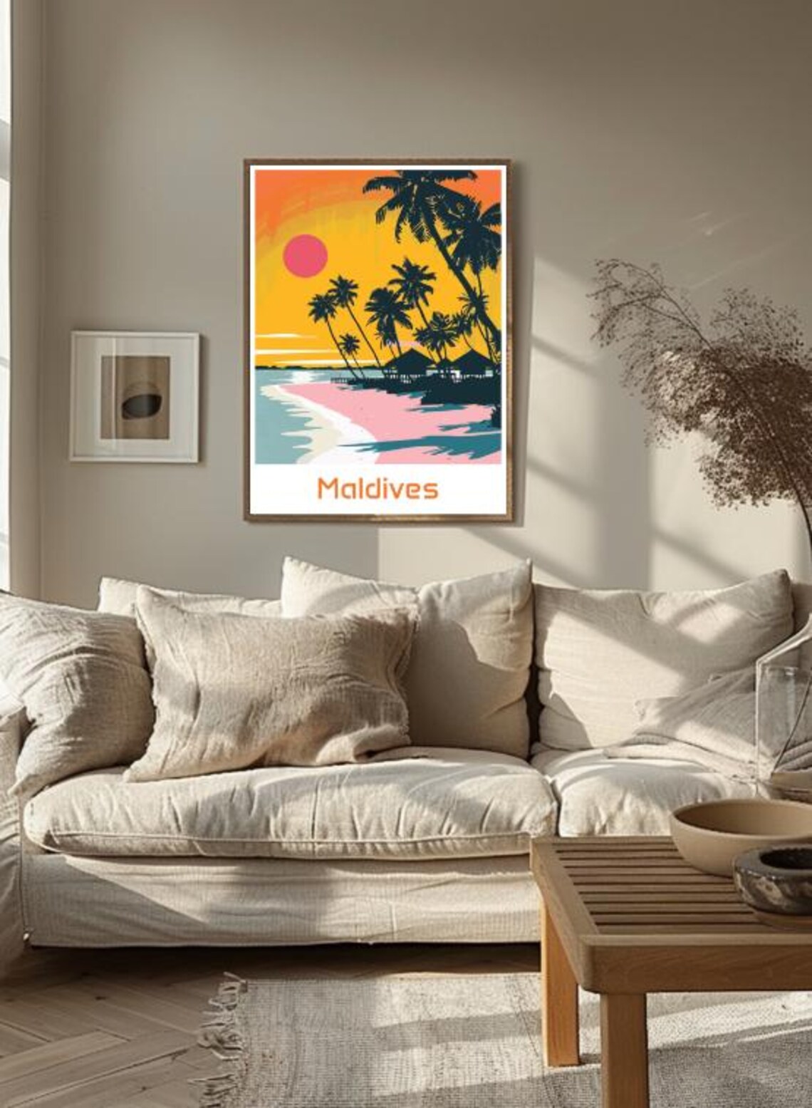 Maldives Sunset Beach Palms Overwater Villas Tropical Travel Poster - Image 3