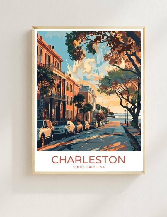 Charleston South Carolina Historic Street Sunset Vintage Travel Poster